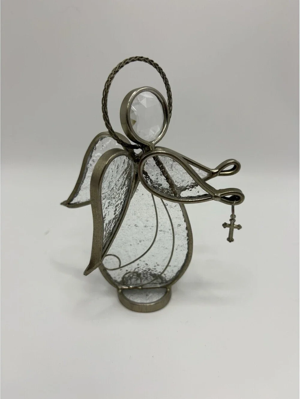 Vintage Stained Glass Angel Candle Tea Light Holder Cross Religious 5.5”